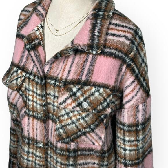 LULUS The City is Calling Plaid Pink Shacket Lagenlook Relaxed Coquette Cozy - Picture 7 of 16